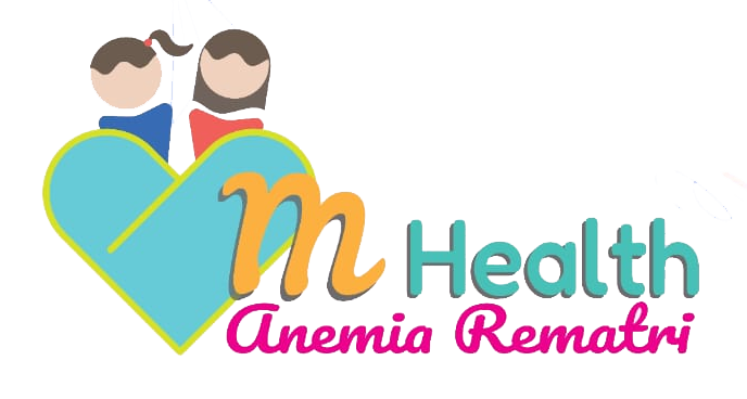 Illustration heart shape colored with blue and orange with two children figures, symbolizing health app for anemia prevention